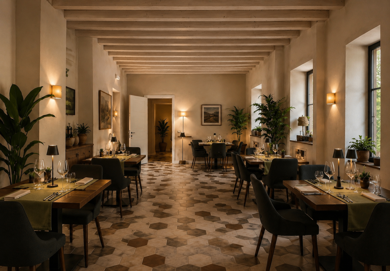 Ristorante principale di Villa Petrosa con tavoli eleganti e brace