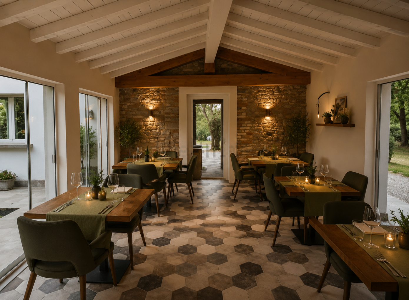 Veranda del ristorante Villa Petrosa con vista sulle colline