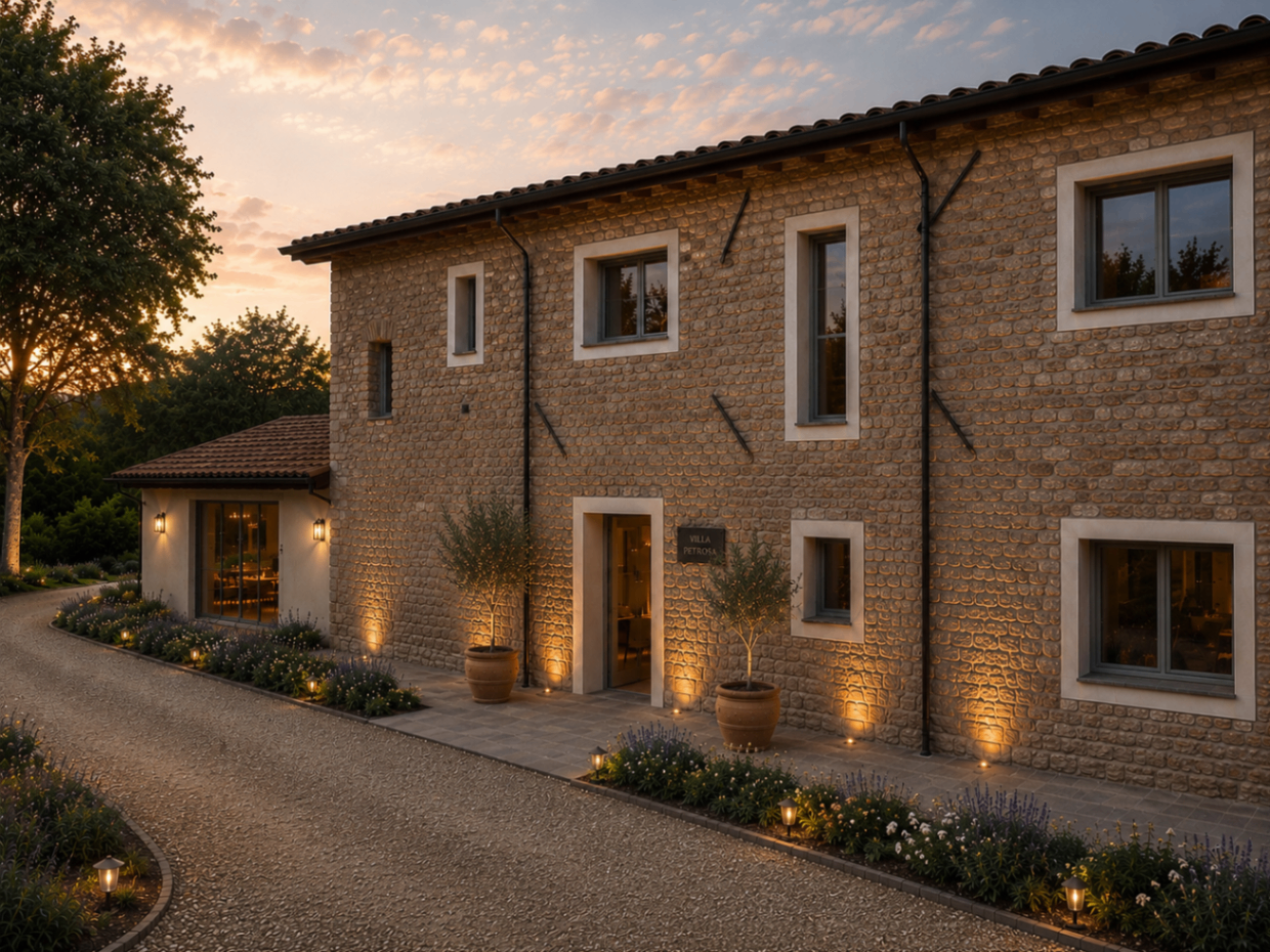 Facciata in pietra di Villa Petrosa a Castell'Arquato circondata dal giardino